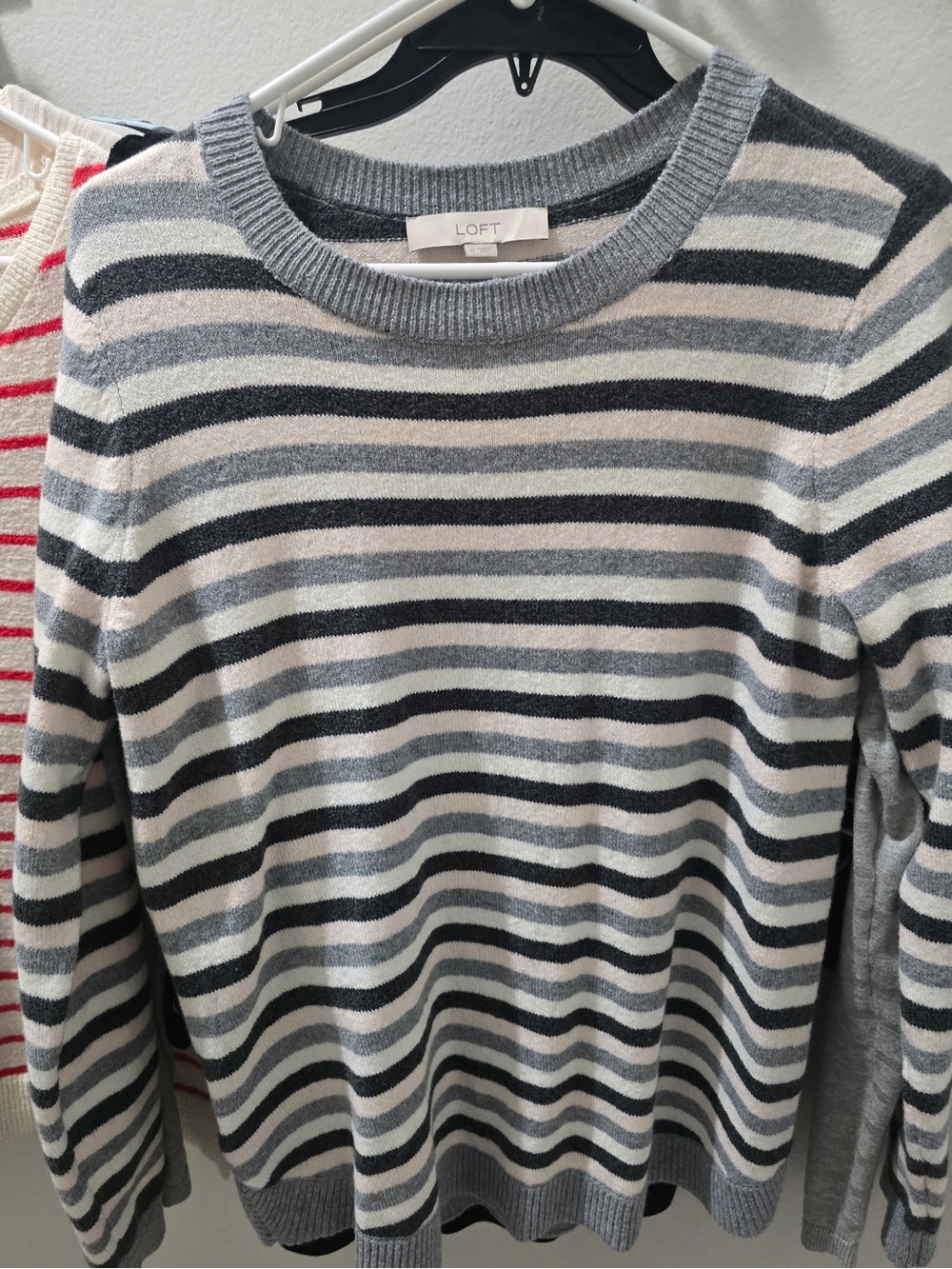 LOFT Gray and Cream Striped Crewneck Sweater